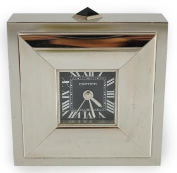 A Cartier Stainless Steel Alarm Desk Clock with Box & Cert. stainless steel alarm desk clock with box & cert.